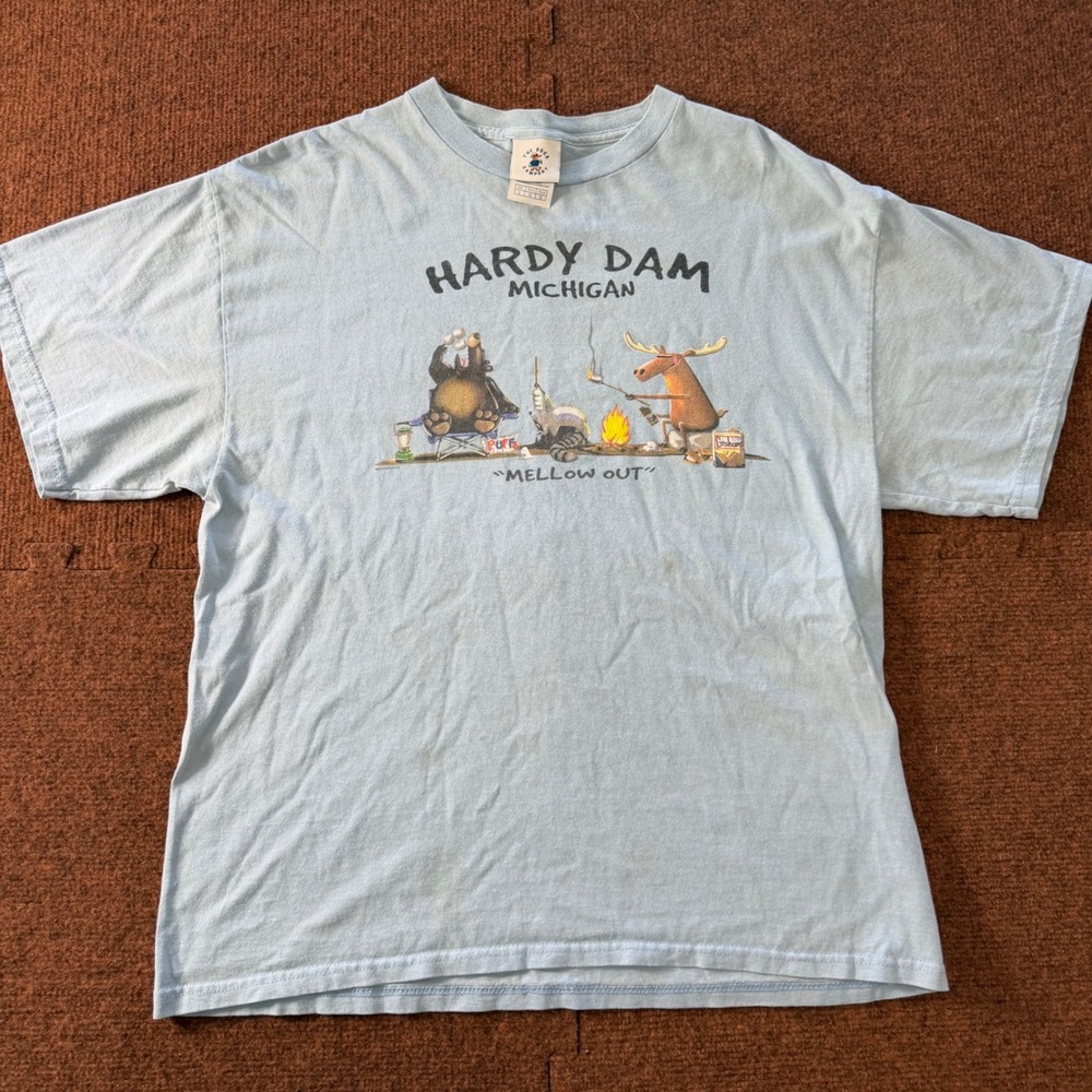 B- Vintage The Duck Company Hardy Dam Michigan Mellow Out Camping T-Shirt Blue L